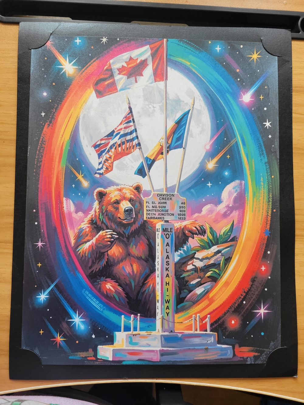 💀NEW💀 Hand Crafted Multicolor Alaska Bear Flag Mixed Media Art